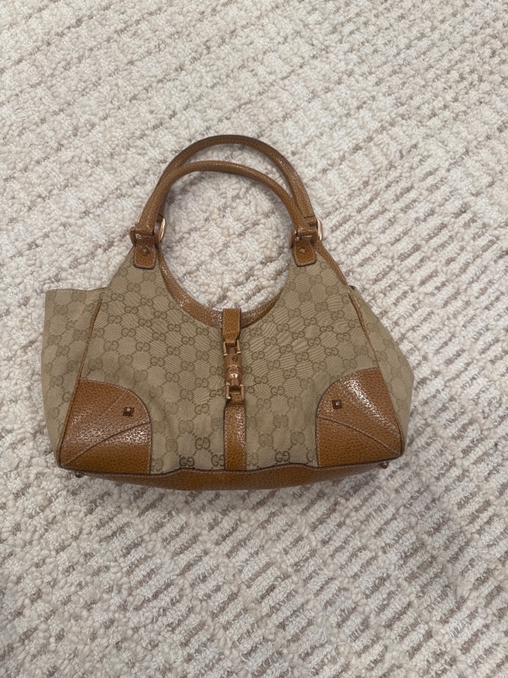Gucci Beige GG Canvas Hobo with Brown Leather Trim $600